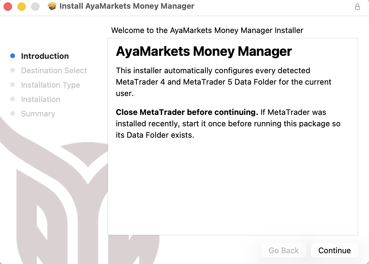 AYA Markets Money Manager — Instalar. O instalador deteta as pastas de dados relevantes de MetaTrader 4 e MetaTrader 5 para o utilizador atual.